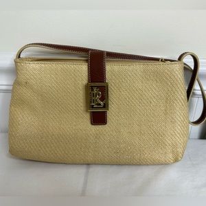 Lauren Ralph Lauren Small Woven Straw Shoulder Bag Beige/Brown Monogrammed Y2K